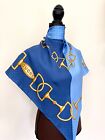 New Gucci Scarf Logo Horsebit Equestrian Print Double Blue Silk Wrap