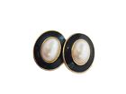 Vintage Monet Gold Tone and Enamel Clip Earrings w/ Faux Pearl