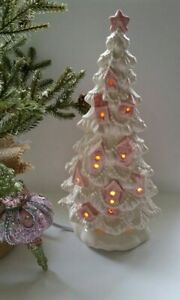 Ceramic Vintage Christmas Tree With Birdhouses, Pink, White or Aqua