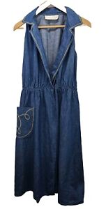 Vintage Oscar De La Renta Wrap Denim Blue dress womens USA Gold Trim And Pocket