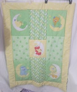 RARE Sesame Street Baby Blanket Crib Quilt Elmo Bert Ernie Grover Green Yellow