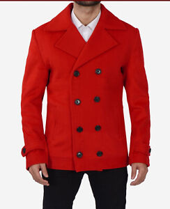 Double Breasted Wool Red Pea Coat Men - New Arrival - Christmas Sale