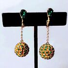 Sparkling Emerald Green & Gold Drop Rhinestone Earrings w/ Clip Backs c.1950s