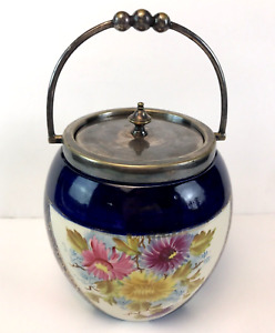 Antique W. Wood & Co Ceramic Biscuit Jar w/ Silver Plate Lid Handle Cobalt Blue