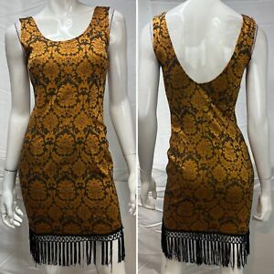 Vintage Contempo Casuals Women’s M Black Gold Brocade Fringe 90s Bodycon Dress
