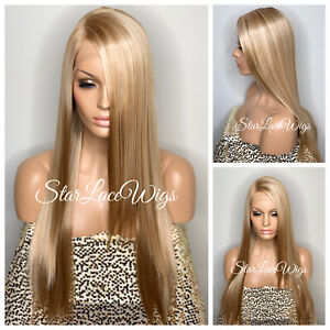Blonde Lace Front Wig Long Highlight Straight Layer Heat Safe Side Part Glueless