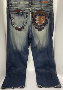 Pelle Pelle Jeans 56NP3 Mens 40X34 Emroidered Distressesd Y2K Blue Denim Jeans