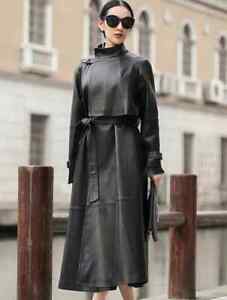 Black Women Handmade Stylish Trench Coat Lambskin Leather Trench Coat Long