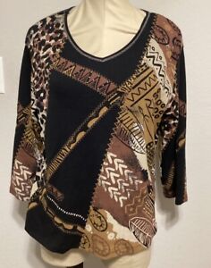 Jess & Jane Embellished Brown Safari Patch Style Top Size Large