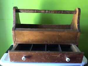 Vintage Handmade Wooden Tool Box Caddie Carrier with Bottom Drawer