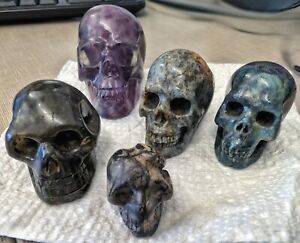 Natural Gemstone Skull Lot of 5 Skulls:  Spider Web Jaspers Fluorite Labrodite