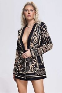 Kate Hewko Pearl Embellished Blazer Dress Black Gold Medium