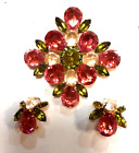 Unsigned SCHREINER NEW YORK Large Pink & Green Brooch & Earrings Vintage