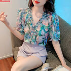 Korean Women Floral Chiffon Ruffle Puff Sleeve Summer Casual T-shirt Tops Blouse