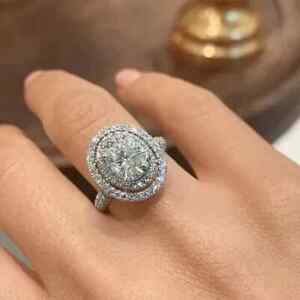 4Ct Oval Cut Lab Created Diamond Halo Engagement Ring 14K White Gold Plated