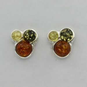 Multi-Color BALTIC AMBER Post / Stud Earrings 925 STERLING SILVER Poland #3225e