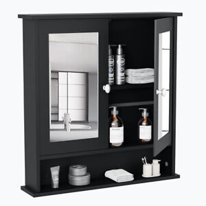 Home Bathroom Wall Mount Cabinet Storage Shelf Over Toilet w/ Mirror Door Black