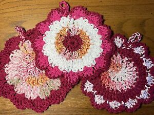 New ListingDischcloth Scrubbies RED WHITE PINK Crochet Set 3 Extra Large XL Scrubby Rags