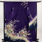 Japanese Kimono Furisode Pure Silk Branch Flowers Moutan Gold Paint Dark Purple