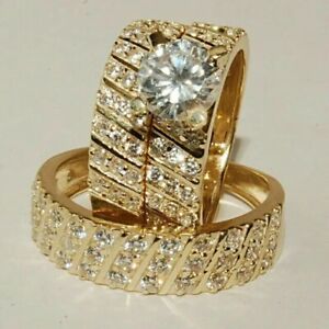 14k Yellow Gold Plated His & Her Trio Ring Set 2.50Ct Round Lab-Created Diamond