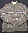 Mens LL Bean Sweater Jacket Lambs Wool Sherpa Lined Fair Isle Full Zip Large