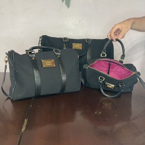 Victoria's Secret Vintage 3 Luggage Duffle Bag Set Lot-Black & Pink- 20” 14” 11”