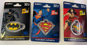 DC COMICS  32 GB FLASH DRIVE 2.0 USB.  SUPERMAN, WONDER WOMAN, OR BATMAN! NEW!
