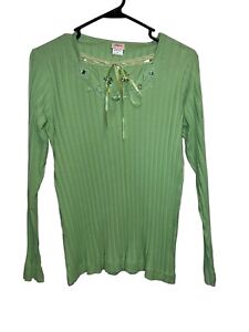 Vintage Y2K Green Beaded Blouse Women’s Small Long Sleeve Ribbed Laced