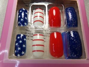 4th of July Nails Shiny American Flag Red White & Blue GLUE ON Medium