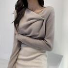 Women Asymmetric Collar Sweater Korean Fashion Long Sleeve Knitted Pullover Tops