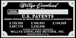 Willys Overland Truck Plate Tag Serial Number 1948 CJ-2a plus others I am told