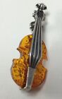 Sterling Silver Brooch Pin Musical Instrument Cello Violin Amber 1.5 Inch VTG