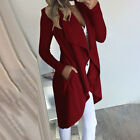 Womens Lapel Trench Jackets Coat Long Sleeve Pockets Tops Cardigan Plus Size US