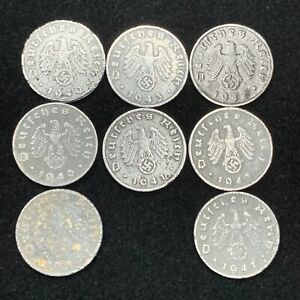 8 Coin Cull Lot Third Reich WW2 German 1 Reichspfennig Zinc Coins