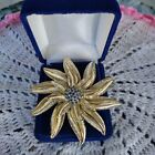Large Vintage Silver Gold Tone Flower Brooch With Blue Rhinestones