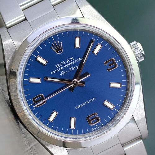 ROLEX MEN'S AIR KING STAINLESS STEEL WATCH BLUE EXPLORER DIAL OYSTER BAND 34MM