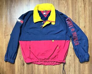 Vintage Tommy Hilfiger Pullover Front Flap Jacket Color Block Hidden Hood Men XL