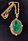 Vintage WGermany Necklace With Faux Pearls, AB Rhinestons, Green Glass Pendant