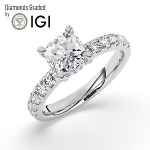 IGI,2.00 CT, Solitaire Lab-Grown Cushion Diamond Engagement Ring, 18K White Gold