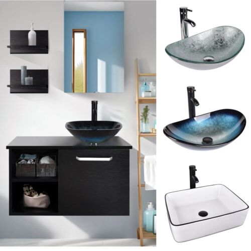 Wall Mounted Bathroom Vanity Floating Cabinet w/Mirror Sink Shelves Faucet Combo
