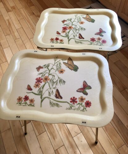 Set of 2 Vintage Fiberglass TV Tray Tables MCM Butterflies Orange Granny core