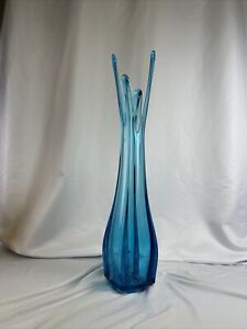 23” Vintage LE Smith Blue Glass Four Square Swung Vase MCM - 4 Fingers