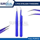 2 Pcs Eyelash Extension Tweezers Straight & Curved Stainless Set (Purple) German