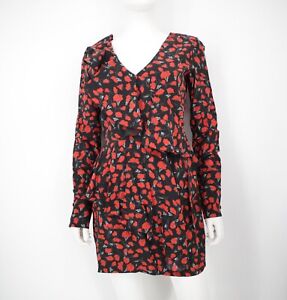 Raquel Diniz Dress Womens 100% Silk Floral Black Red Ruffle Long Sleeve Size 42
