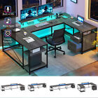 Reversible U Shaped Desk with Power Outlet & LED Strip L Shaped Desk with Drawer