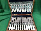 ANTIQUE 24 PC SILVER PLATE & MOTHER OF PEARL DESSERT CUTLERY SET In Mahogany Box
