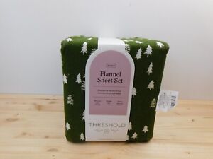 Threshold Queen Holiday Flannel Sheet Set Green with Trees 100% Cotton