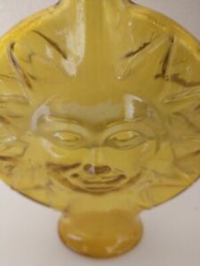 Vintage Yellow Sun Face Glass Bottle Bud Vase Celestial Design Bohemian