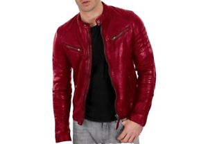 DECIMAL Men's RED Genuine Lambskin Leather Biker Jacket, Size XL