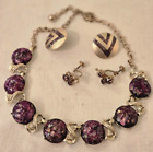 Vintage jewelry lot purple confetti necklace, earrings enamel rhinestone #5-6-D